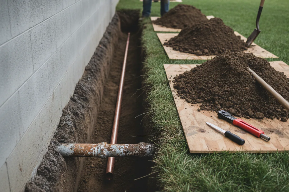 Excavated water line trench during Water Softener Installation in Strathmore